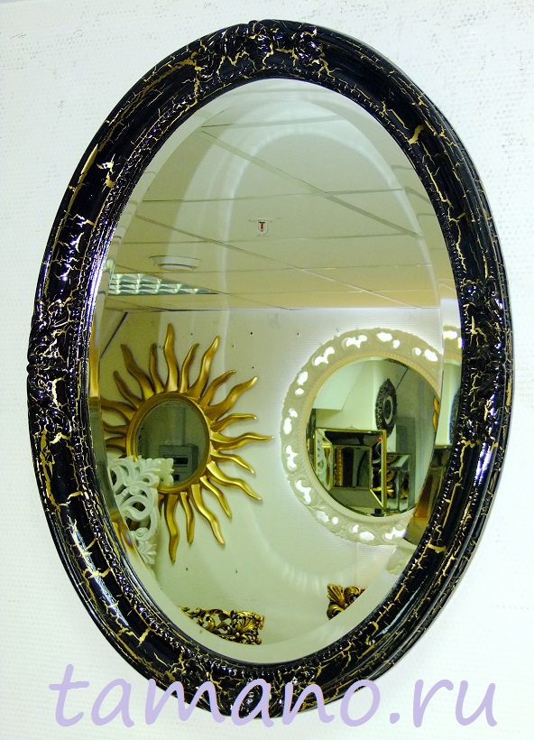 Овальное зеркало в раме Пацифик чёрный лак с золотым кракелюром, 62см х 82см