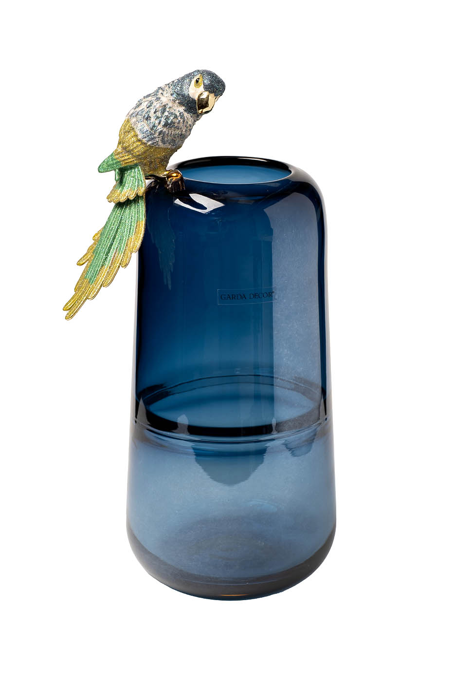 55RV6111L Ваза стеклянная голубая с попугаем 16*15*38см
