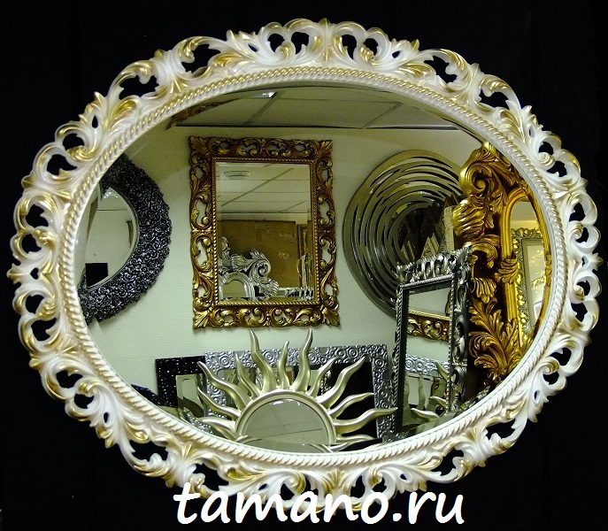 Зеркало интерьерное овальное, Азалия белый лак с золотом, 80см х 100см по горизонтали