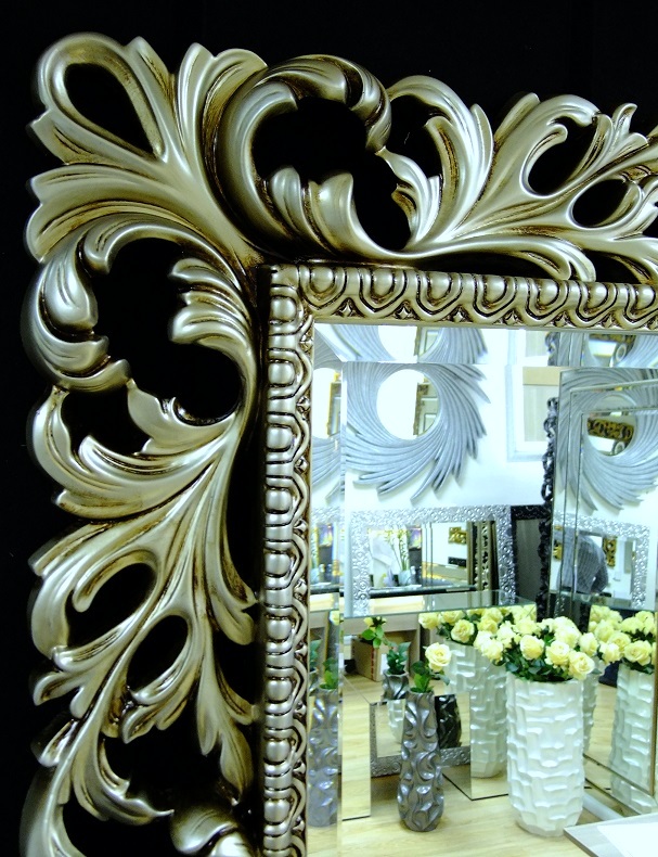 Большое интерьерное зеркало в резной раме Монако античное серебро, 95см х 192см фото рамы