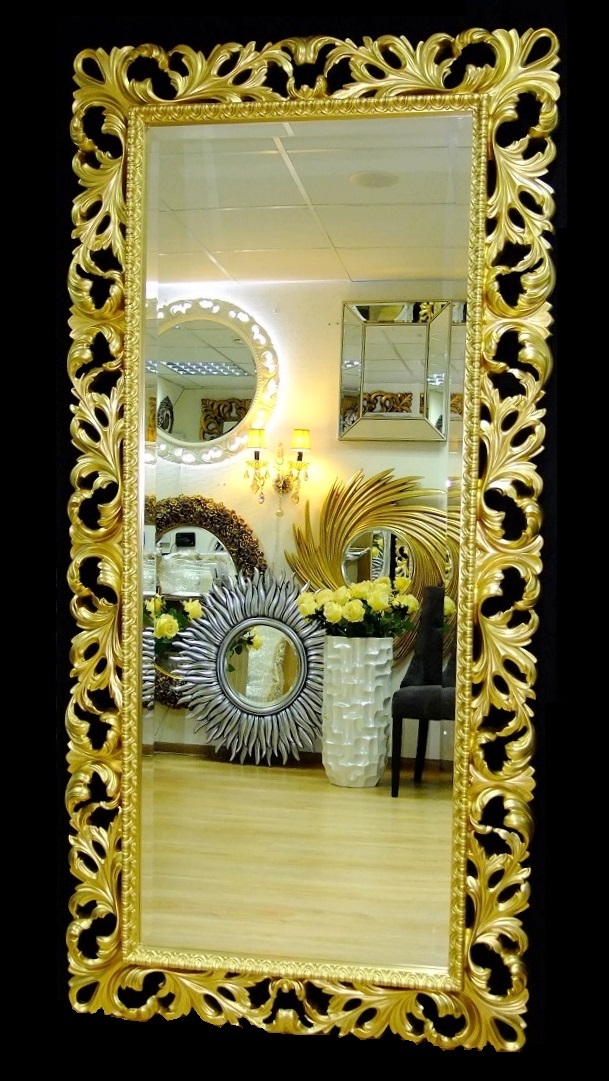 Большое интерьерное зеркало в резной раме Монако светлое золото, 95см х 192см