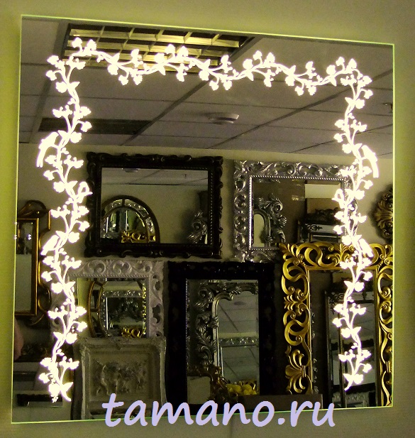 Квадратное зеркало с тёплой светодиодной подсветкой Райские птички, 80см х 80см, в темноте.JPG