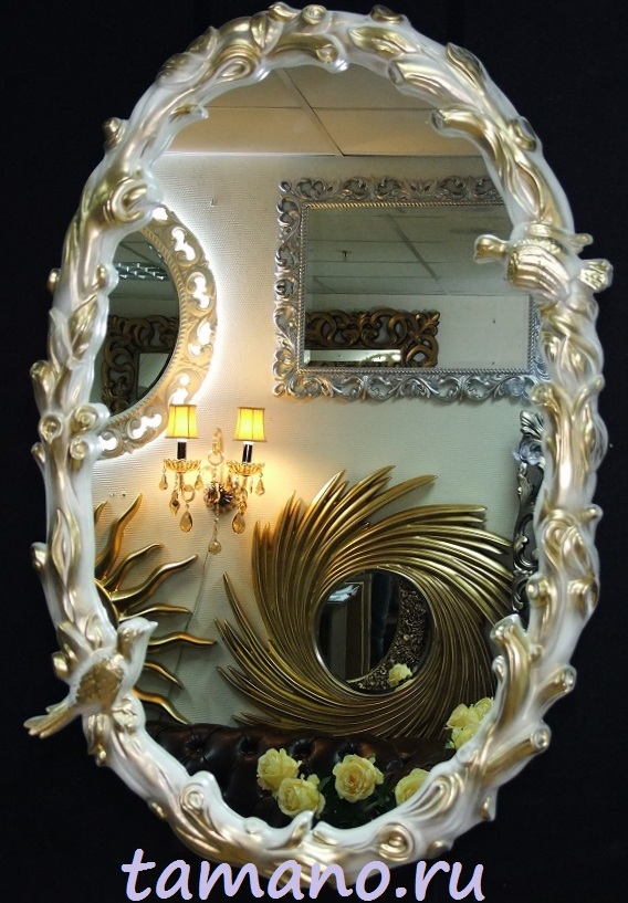 Купить красивое овальное зеркало в интерьерной раме слоновая кость с золотом с птичками