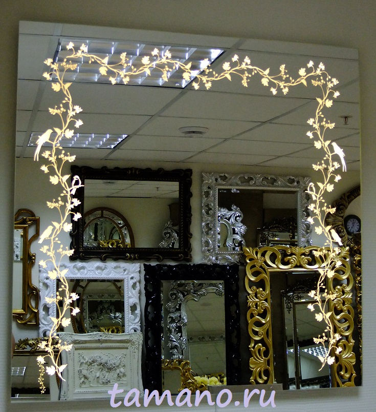 Квадратное зеркало с тёплой светодиодной подсветкой Райские птички, 80см х 80см.JPG