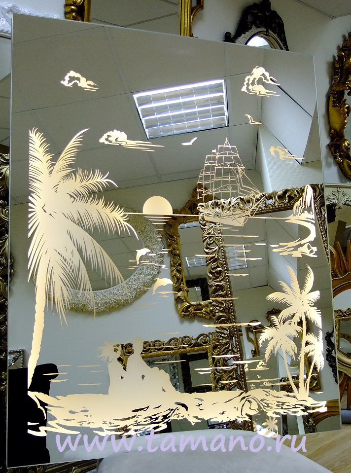 Зеркальное панно с тёплой светодиодной подсветкой Райский остров, ширина 80см высота 100см при ярком свете.JPG