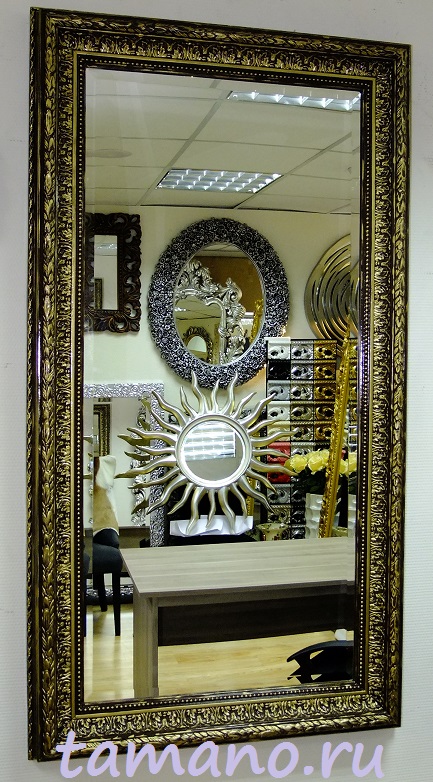 Купить красивое интерьерное зеркало в широком коричневом багете с золотом