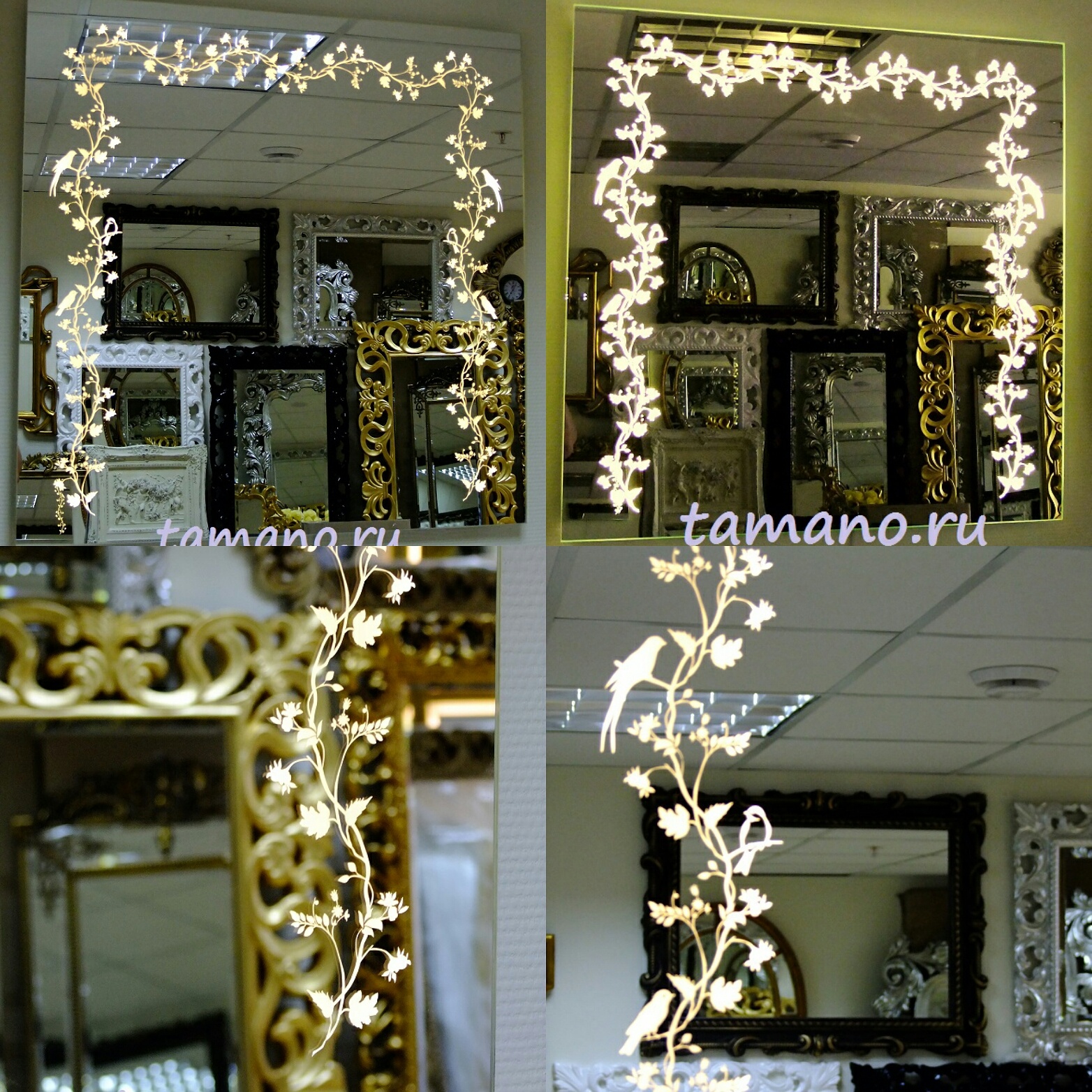 Квадратное зеркало с тёплой светодиодной подсветкой Райские птички, 80см х 80см в Тамано.руСтоимость 11900 руб.