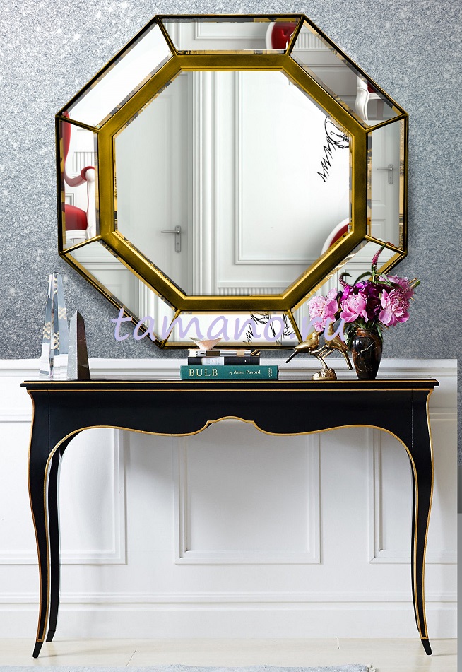 Зеркало в зеркальной восьмиугольной раме Флорин 100х100см, чёрнёное золото
